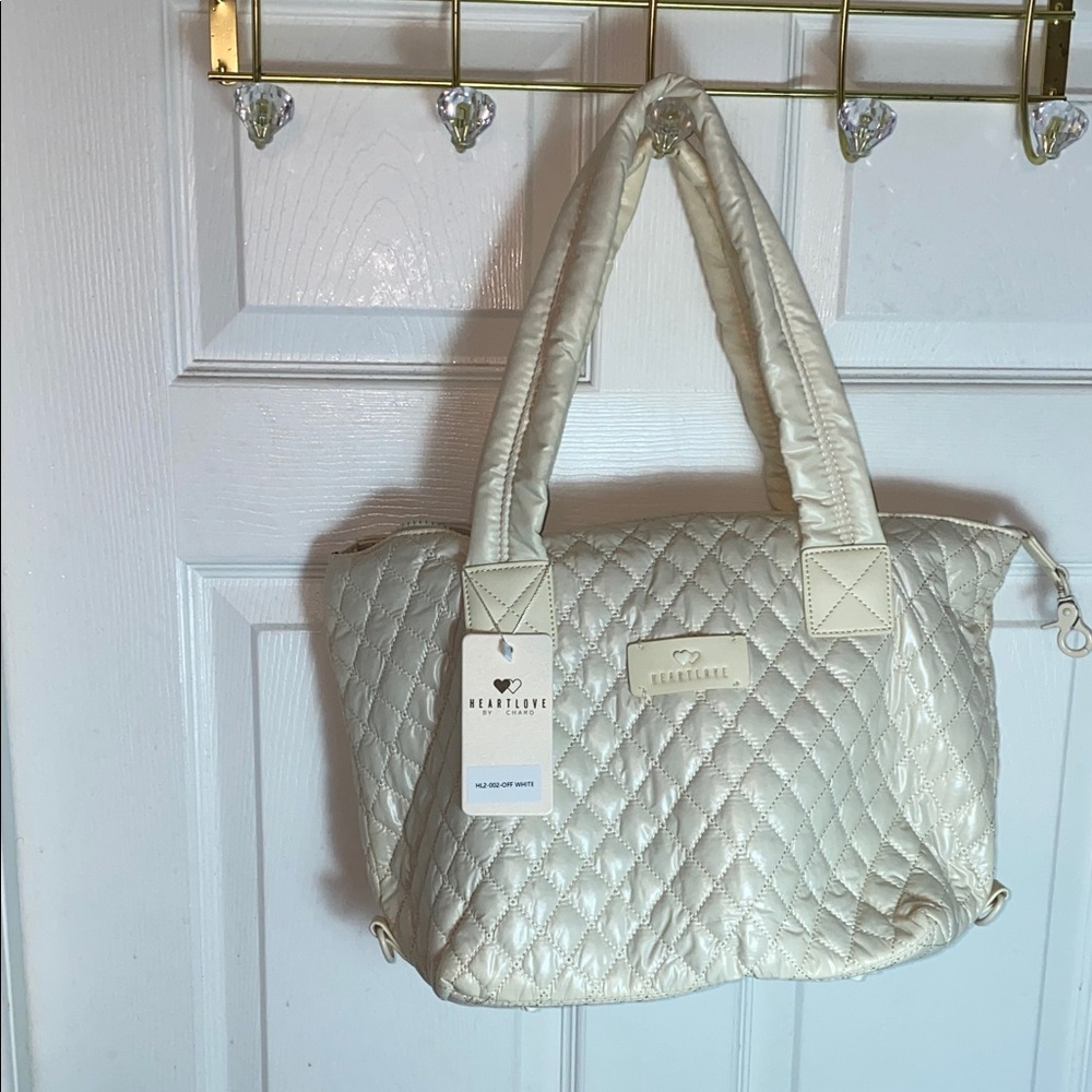 NWT Heart love Quilted Large Tote Bag Cream Off White with Change Purse